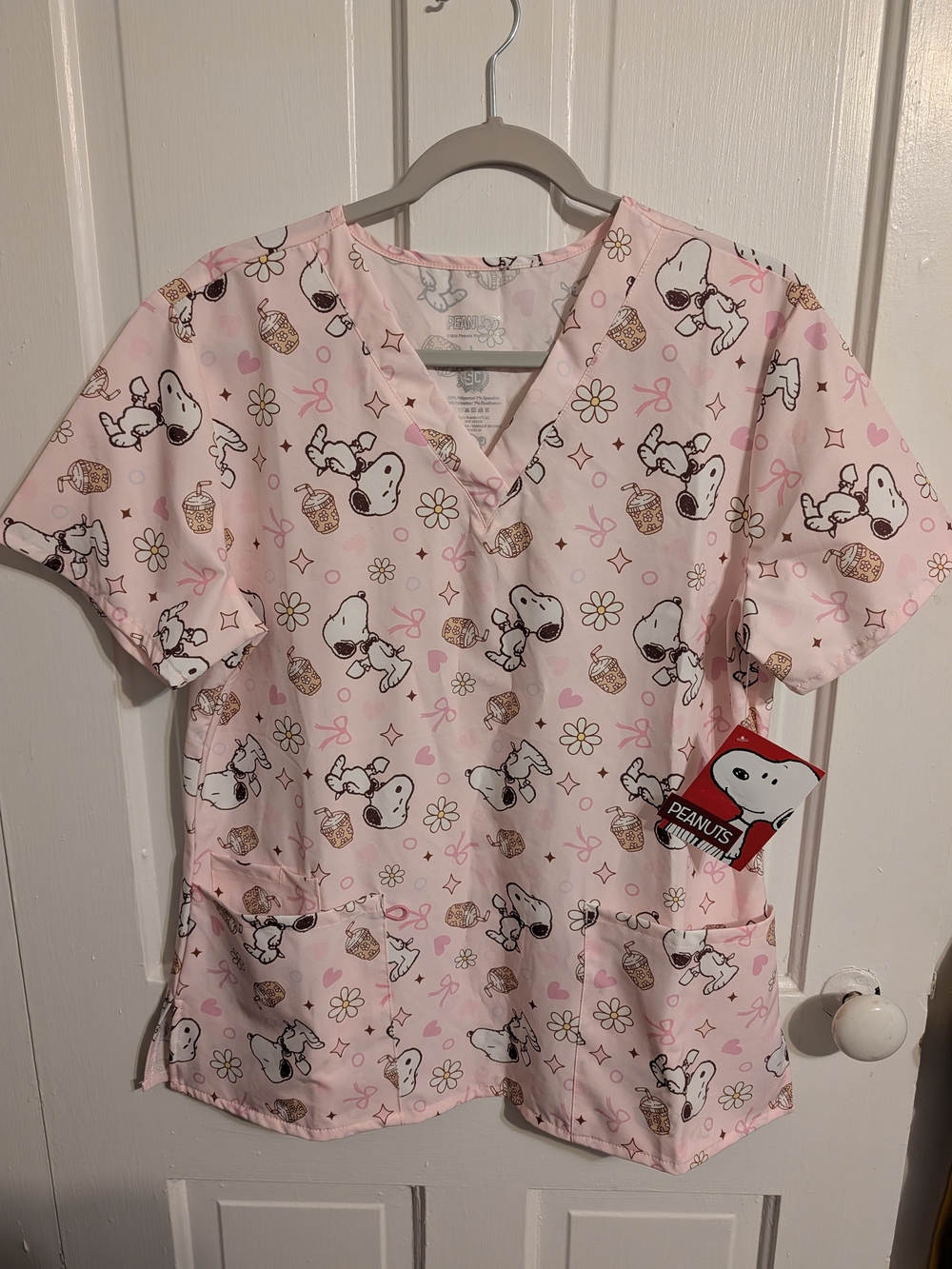 NWT Scrub Club Peanuts "Snoopy And Coffee" Women's Scrub Top